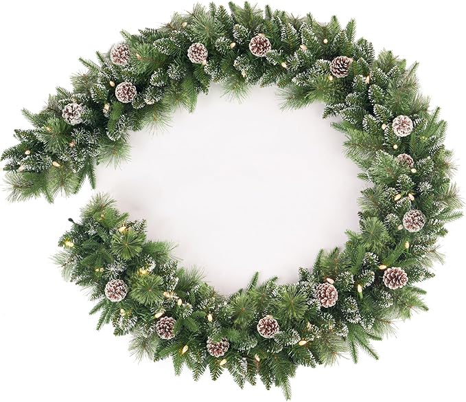 9Ft Pre-Lit Christmas Garland, Plug in, Green, 50 White Lights, Fireplace Stairs Mantle Door Indoor Outdoor, Decorated Pine Cone and Snow Style
