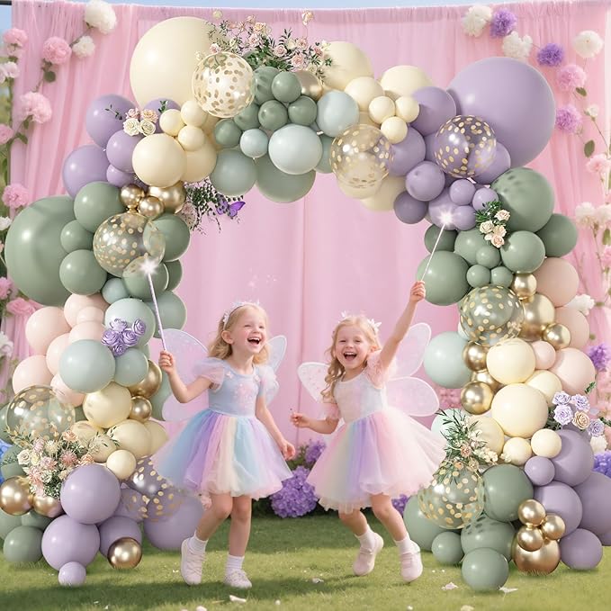 Amandir 173Pcs Dusty Green Purple Pink Balloon Arch Garland Kit, Lavender Pastel Blush Pink Yellow Mist Green Gold Confetti Balloons for Baby Shower Wedding Tea Wildflower Birthday Party Decorations