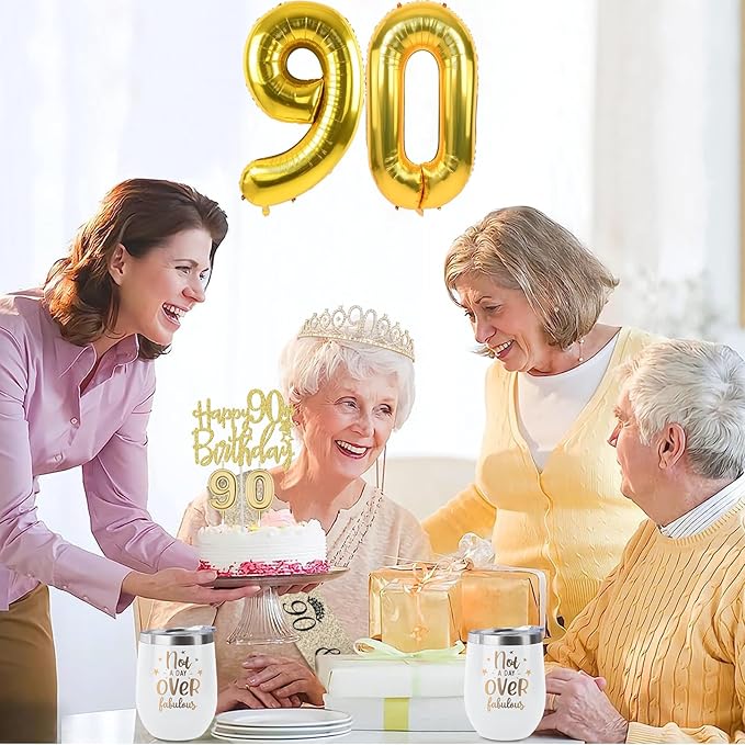 90th Birthday Decorations for Women Gold with 90th Birthday Sash and Tiara, Cake Topper and Candles, Number Balloons, 90 Year Old Gifts for Women
