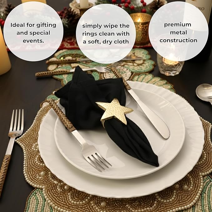 12 Pcs Lightweight Metal Napkin Rings - Gold Star Metal Holders for Elegant Table Decor, Parties, Weddings, Holidays, Everyday Dining - Metallic Adornment for Table Settings - CLEENTABLE