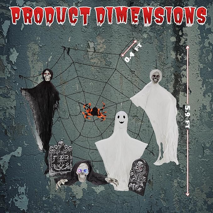 VINGLI Halloween Hanging Decorations, Flying Skeleton Reapers Ghosts, Spiders & Spider Webs, Tombstones with RIP Sign, with Lighted Up Eyes, 8 Pack for Indoor Haunted House Party Outdoor Graves Garden