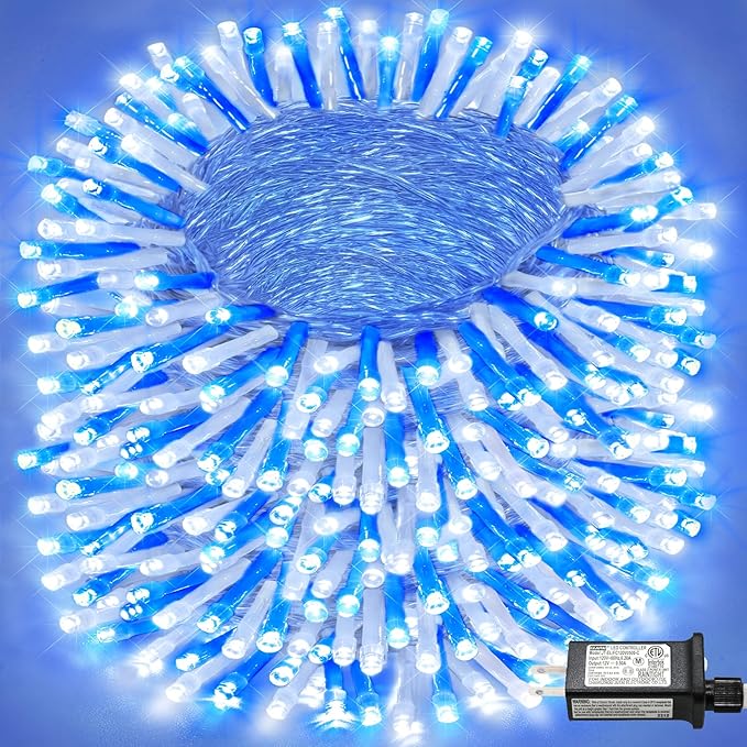 800 LED Christmas Lights Outdoor Indoor, String Lights for Outside with 8 Modes Waterproof, Plug in Twinkle Light Clear Wire for Bedroom House, Patio, Garden, Party Decorations, Blue White