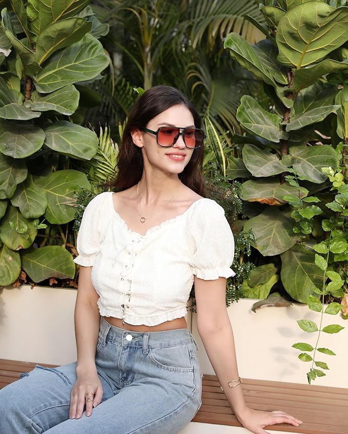 FEISEDY Retro Square Aviator Sunglasses Women Men 70s Vintage Trendy Plastic Frame Sun Glasses B4158