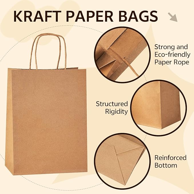 YEEHAW Brown Paper Bags with Handles Bulk 5.8"x3.2"x8.25" 100Pcs Gift Bags Small Size, Brown Gift Bag with Handles for Retail, Party, Shopping, Merchandise