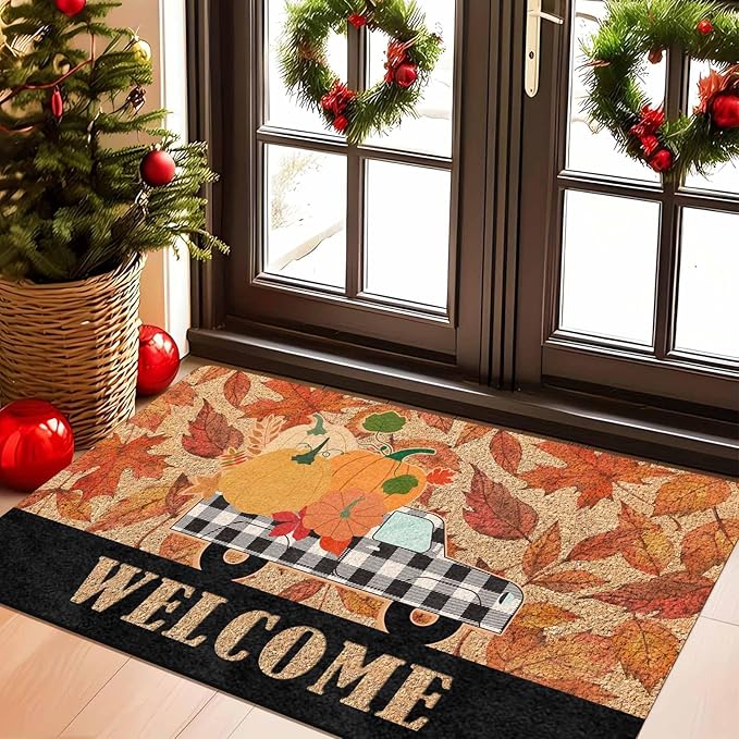 Fall Welcome Maple Leafs Decorative Door Mat, Autumn Thanksgiving Doormat for Indoor Outdoor Entrance Floor Mats,Fall Pumpkins Non Slip Harvest Vintage Decor Rubber Welcome Mats 30" x 18" Inch
