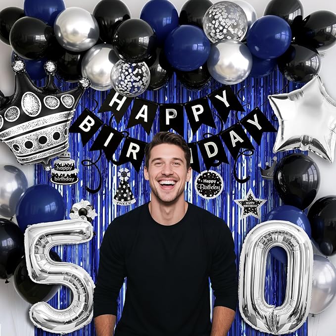 50th Birthday Decorations for Men and Women, Black Blue Silver Happy Birthday Number 50 Balloons, Banner, Fringe Curtains Garland Kit - 50 Year Old Party Supplies
