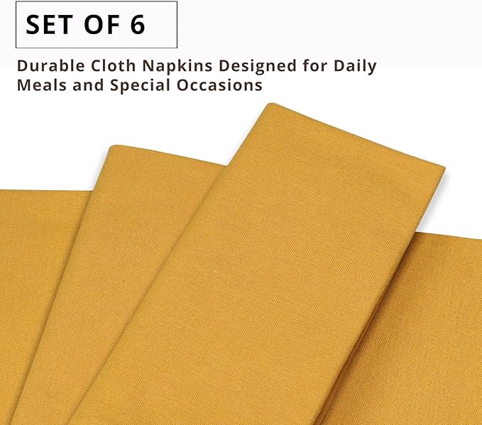 PurpleEssences Set of 6 Cloth Dinner Napkins 100% Cotton 18x18 Inch - Soft Durable Washable - Ideal for Farmhouse Party Christmas Holiday Winter - Perfect Everyday Use Table Linen - Golden Yellow