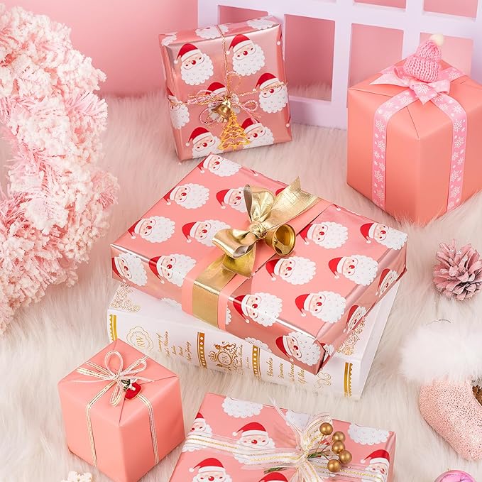 WRAPAHOLIC Reversible Christmas Wrapping Paper - Mini Roll - 17 Inch x 33 Feet - Santa Claus Wrapping Paper and Solid Rose Gold Design with Metallic Foil Shine for Chrsitmas, Holiday, Party