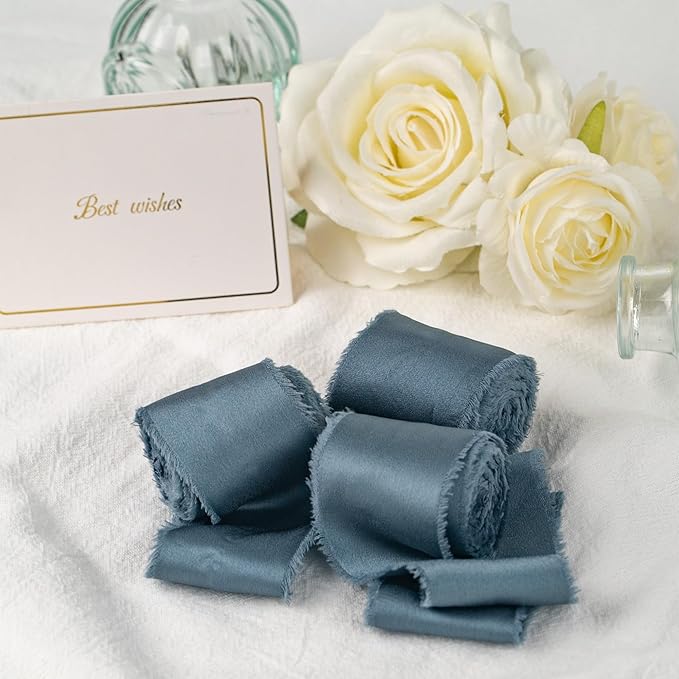 Satin Silk Ribbon, Dusty Blue Ribbon for Wrapping, 1-1/2 inch x 15 Yd Handmade Frayed Fringe Ribbon, for Wedding Engagement Birthday Showers Crafts Flower Bouquet Invitation Decor, 3 Rolls