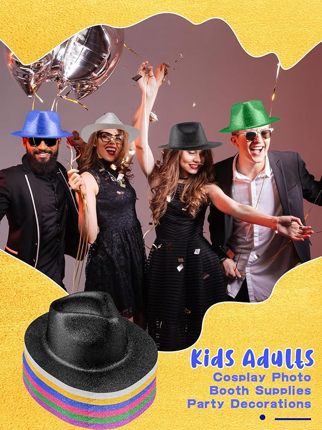 28 Pack Plastic Party Hats Bulk Glitter Party Hat Fedora Party Hat Gangster Hat for Adult Kids Costume Accessory