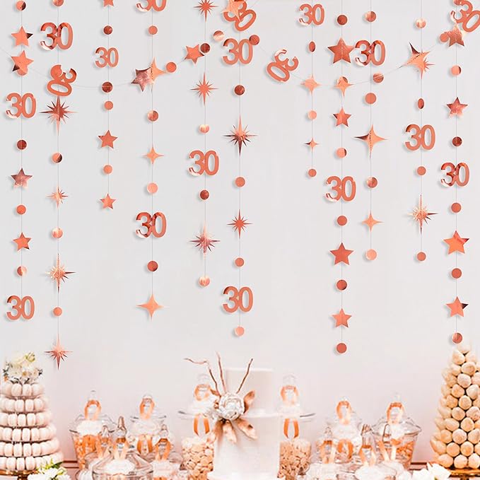 Rose Gold 30th Birthday Decorations Number 30 Circle Dot Twinkle Star Garland Metallic Hanging Streamer Bunting Banner Backdrop for Her Dirty 30 Year Old Birthday Thirty Anniversary Party Supplies