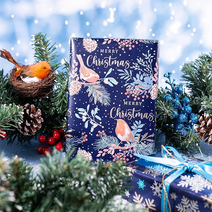 WRAPAHOLIC 30 Inch Christmas Wrapping Paper Roll - Jumbo Roll Drak Blue Bird, Christmas Garland and Snowflake Holiday Collection with Metallic Foil Shine - 4 Rolls - 30 Inch x 120 Inch Per Roll