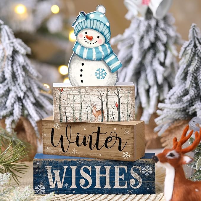 4 Pcs Snowman Christmas Decor Wooden Snowman Blue and White Winter Tiered Tray Decor Christmas Table Centerpiece Wooden Rustic Winter Block Sign Farmhouse for Home Kitchen Shelf Gift