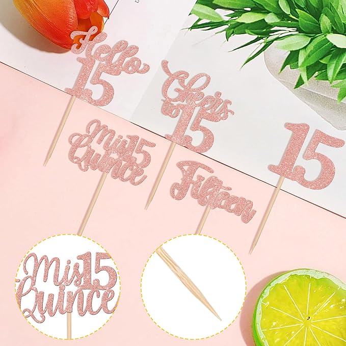 30PCS Happy 15th Birthday Cupcake Toppers Glitter Fifteen Mis Quince Hello 15 Cupcake Picks Cheers to 15 Birthday Decorations for 15th Birthday Anniversary Party Cake Decoration Supplies Rose Gold
