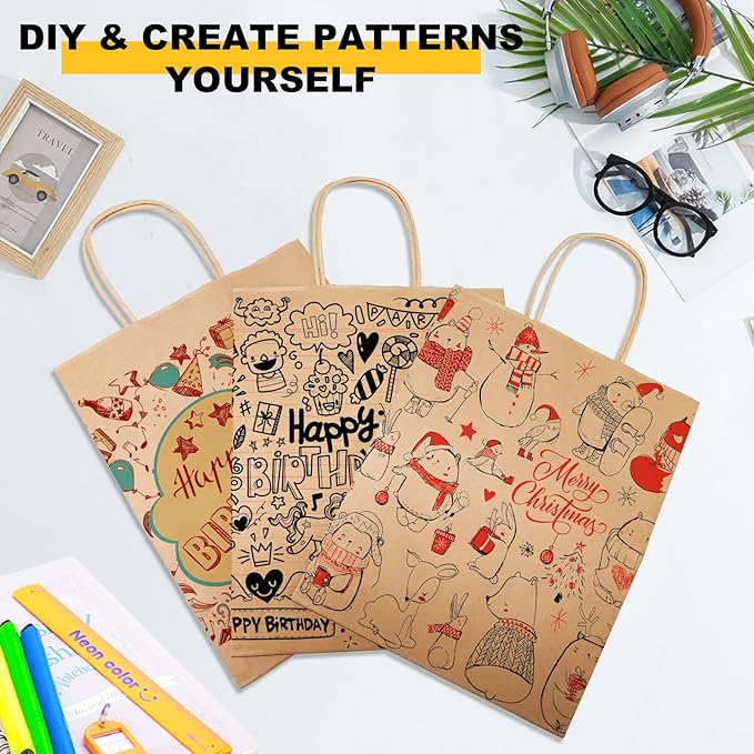 BAG BOX 25 Pcs Medium 8.25x4.3x10.6 Inch Brown Kraft Paper Gift Bags with Handles for Bulk Wedding, Party Favors, Grocery, Shopping, Retail Merchandise, Gift Sacks