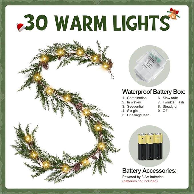 Artgar Pine Garland Realistic, 6 FT Cedar Garlands, Christmas Garland with 30 Warm Lights with 8 Light Modes, Garland Christmas Decorations for Mantels Stair Table Decor (Green)