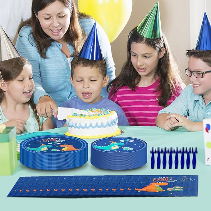 96 PCS Dinosaur Party Supplies Blue Dinosaur Birthday Party Tableware Set for Boy Kids Blue Dino Plates Napkins Forks Party Decorations for 24 Guests