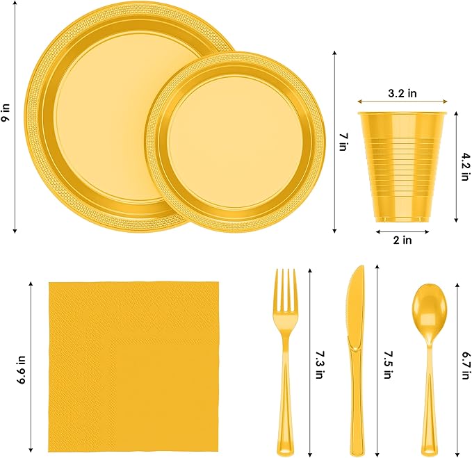 Party Solids 350 Pieces Yellow Plastic Plates For Party, Yellow Disposable Plates Set, 50 Of Each 9" Dinner Plate Set, 7" Dessert Plate, Cups, Napkins & Cutlery Plastic Dinnerware