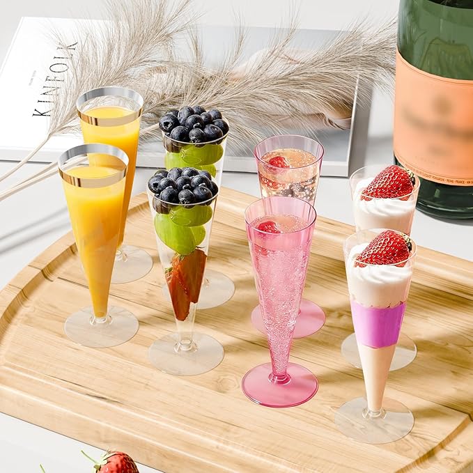 100 Pack Plastic Champagne Flutes Gold Rim Disposable Champagne Glasses, 4.5 Oz Mimosa Glasses Bulk Cocktail Toasting Cups for Party Supplies Wedding Bride Bar, Copas De Plastico Para Brindis