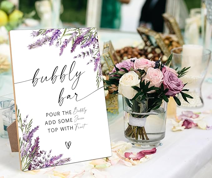 Bubbly Bar Sign, Lavender Bridal Shower Decorations, Wedding Reception Table Decorations, Engagement Party Decor, Purple Floral Wooden Sign with Stand for Wedding Reception And Bridal Party Decor, 21