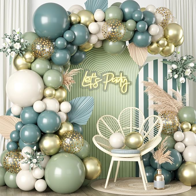 Sage Green and Blue Balloon Arch Kit, 120 PCS Dusty Green Blue Gold Olive Green Slate Blue Beige Sand Gold Balloon Garland for Women Men Boho Birthday Baby Bridal Shower Party Decorations