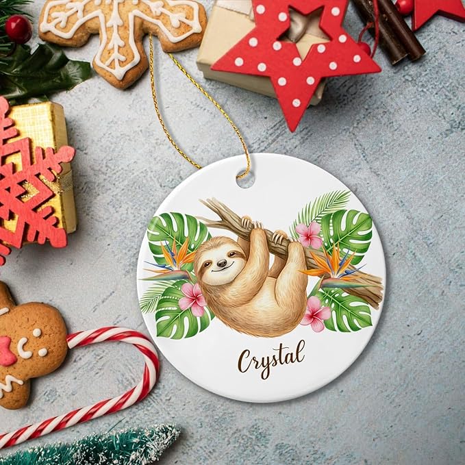 Personalized Sloth Lover Ceramic Ornament, Christmas Sloth Animal Keepsake, Animal Decor Gift for Boys Girls Sloths Lovers, Customized Name Wildlife Ornament, Sloths Hanging Xmas Tree Decoration