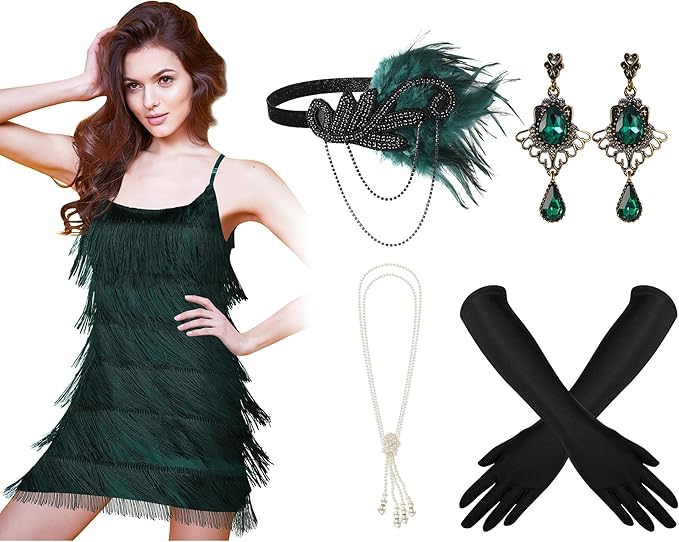 Zhanmai 6 Pcs Flapper Dress Flapper Costumes for Women 1920s Accessories Set Headband Pearl Necklace Earrings Gloves Stick