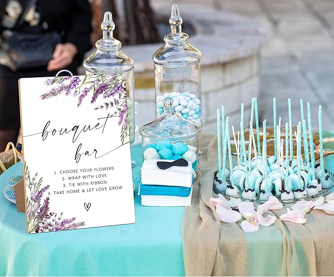 Bouquet Bar Sign, Lavender Dessert Table Decor, Bridal Shower Decorations, Wedding Reception Table Decorations, Purple Floral Wooden Sign with Stand for Wedding Reception And Bridal Party Decor, 22