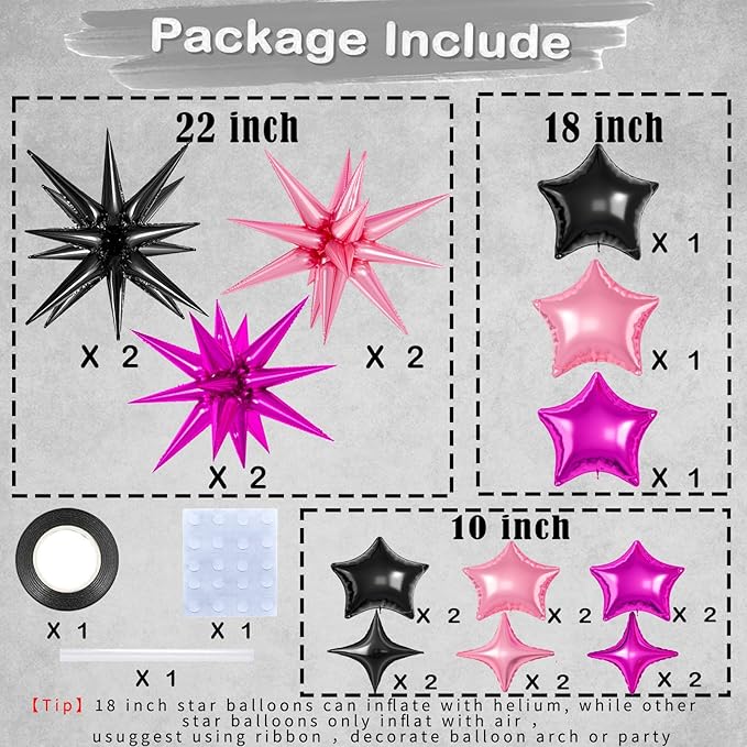 21 Pcs Star Balloons,22/18/10 Inch Star Foil Mylar Balloon,Spike Balloon and Four Pointed Balloons for Party Supplies Christmas Birthday Wedding Photo Booth (Black Pink Hot Pink)