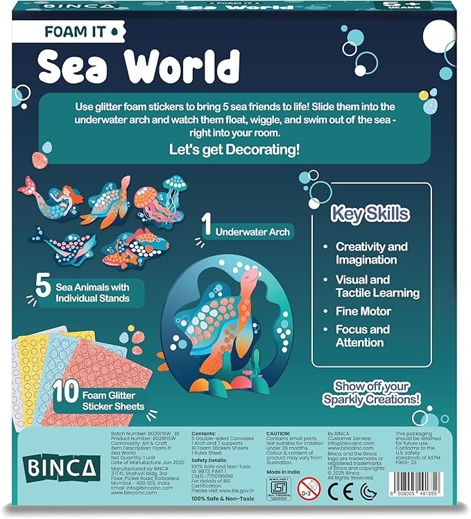 BINCA Foam Sticker Mosaic Art Activity, 750+ 3D Glitter Foam Stickers, 5 Underwater Animals with Display Arch, Christmas Stocking Stuffers, DIY Mess-Free Activity, Gifts for Boys & Girls Ages 5,6,7,8