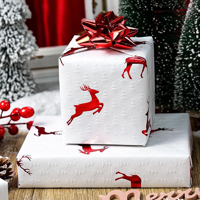 Garbendy Christmas Wrapping Paper Roll- 17 Inch X 32.8 Feet - Embossing 3D Trees Printed in White with Red Foil Reindeer Design for Christmas, Birthday, Baby Shower, Bridal Shower, Party