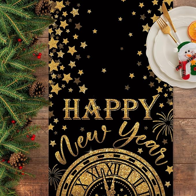 Seliem Happy New Year 2026 Table Runner, Black Gold Stars Clock Celebration Kitchen Dining Table Decor, Golden Fireworks Christmas Winter Home Decoration Indoor Outdoor Party Supply 13 x 36 Inches