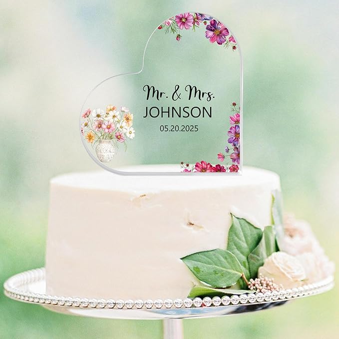 Custom Wedding Heart Acrylic Plaque,Mr & Mrs Cake Topper,Personalized Wedding Keepsake/Gift/Sign (Style 8)