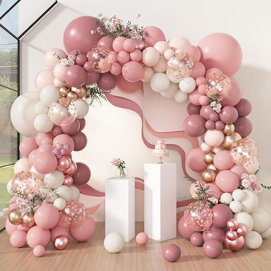 Amandir 173Pcs Dusty Rose Pink Nude Balloon Garland Arch Kit, 18In Retro Blush Peach Mauve White Sand Gold Confetti Balloons for Girl Baby Shower Wedding Boho Birthday Party Decorations