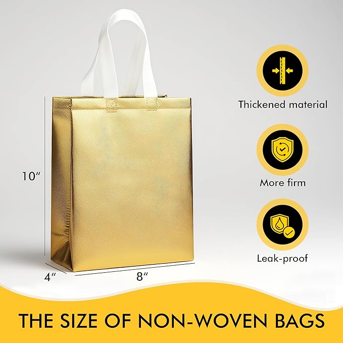 RACETOP 15 Pcs Gold Gift Bags Medium Size, 8x4x10 Inch Reusable Gift Bags with Handles & Sturdy Base, Ideal for Birthday, Wedding, Bachelorette, Party Favors, Holiday Goodie