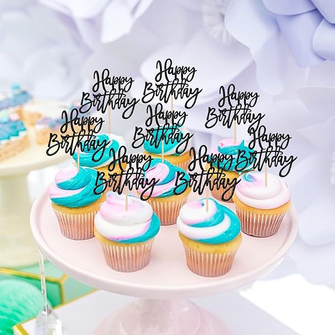 24 PCS Glitter Cupcake Toppers - Happy Birthday & Anniversary Cake Decorations - Black