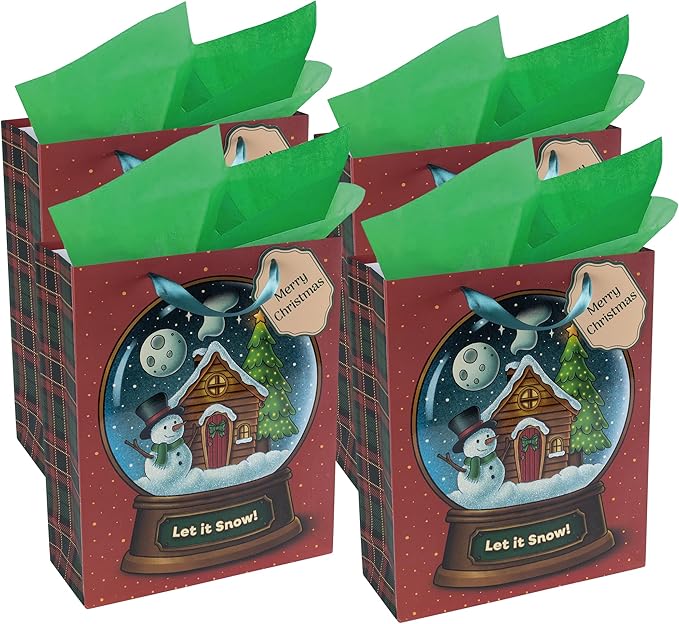 RACHELLE'S Snow Globe Christmas Gift Bags – Medium 13"x10"x4" (4-Pack) – Sturdy Paper Gift Bags with Tissue Paper, Tag and Handle – Let It Snow – Perfect for Christmas Holiday Gifting & Party Favors