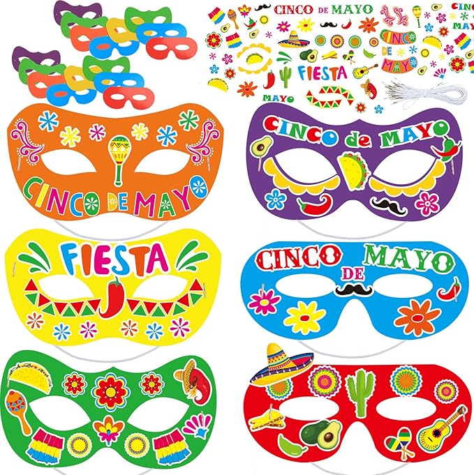 chiazllta 30 Pcs Fifth of May De Mayo Mask Craft Kits for Kids Mexican Themed DIY Eyeglasses Make Your Own Eyewears Fiesta Sombrero Party Favor Bulk Set for Preschool Classroom Activities