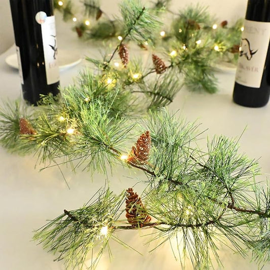 Christmas Garland with Lights 6.56 FT Smokey Pine Garlands with 30 LED Fairy Lights Battery Operated Garland Lights with Pine Cones Artificial Greenery Garland Christmas Pre-lit Light for Home