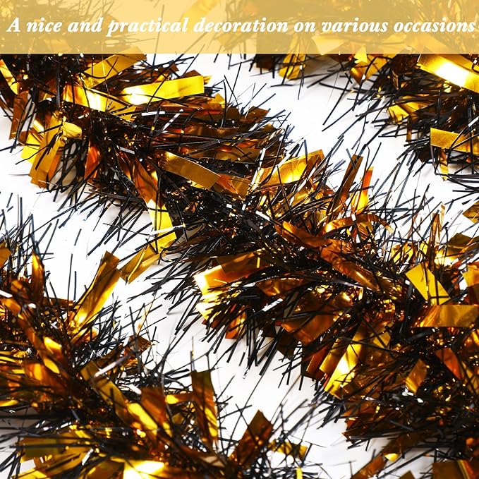 Dilunave 40 Feet Christmas Tinsel Garland Metallic Foil Twist Tinsel Garland Decoration for Christmas Tree, Wedding, Birthday and Party Hanging Decorations(Black, Gold)