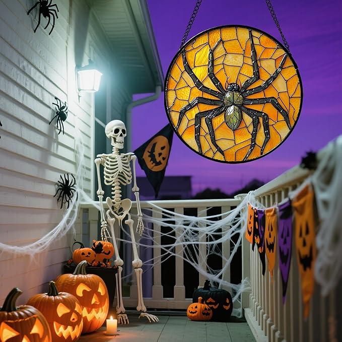 Stained Glass Window Hanging - Halloween Decorations Black Spider Suncatcher for Doors Garden Indoor Spooky Funny Sun Catchers Gothic Decor Horror Gifts for Women Men Friend 11.8 in