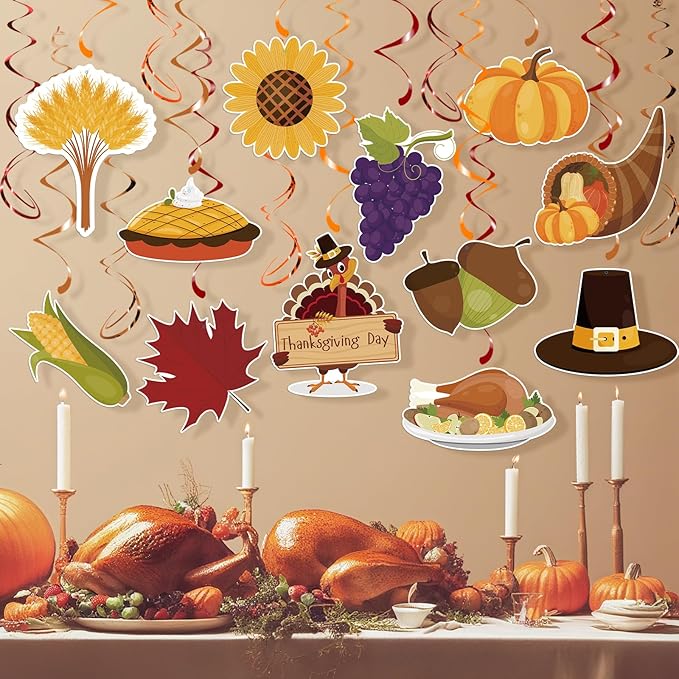 30pcs Thanksgiving Hanging Swirls, Thanksgiving Ceiling Hanging Decorations Turkey Pumpkin Acorn Ceiling Streamers for Give Thanks Classroom Friendsgiving Party Supplies