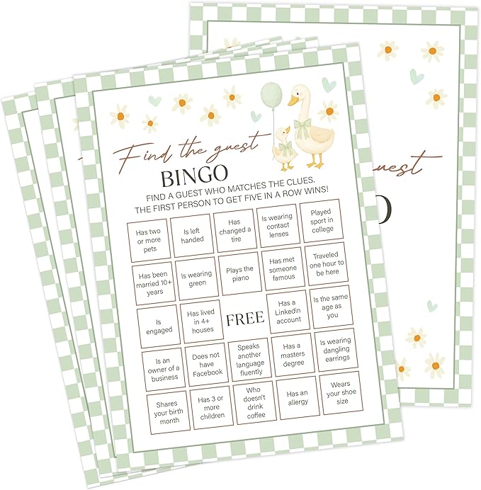 Goose Baby Shower Games, Sage Green Little Goose Find The Guest Bingo Game for 30 Guests with Game Cards, Gender Reveal, Baby Shower Supplies & Decorations (DV16)
