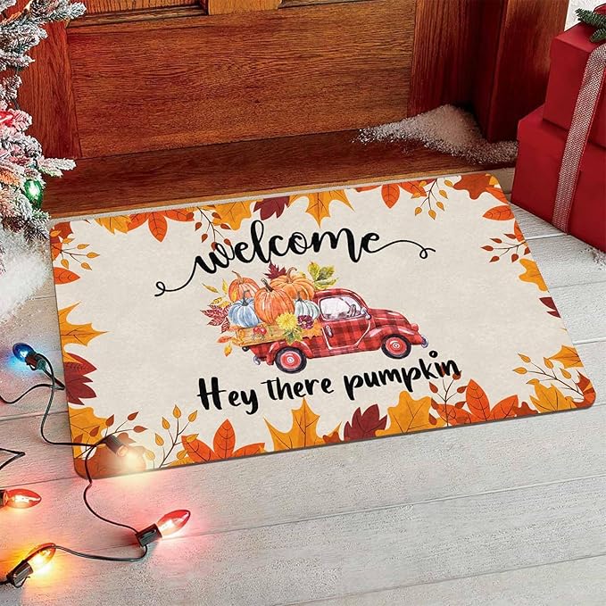 InterestPrint Happy-Thanksgiving Door Mat, Vintage Fall Truck Decor for Covered Outdoor Area Pumpkin Welcome Mat for Autumn Halloween Thanksgiving Farmhouse Decor