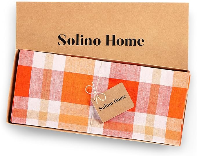 Solino Home Fall Plaid Table Runner 108 Inches Long - 100% Pure Linen Pumpkin Table Runner 14 x 108 Inch for Dining - Autumn, Thanksgiving, Fall Buffalo Check