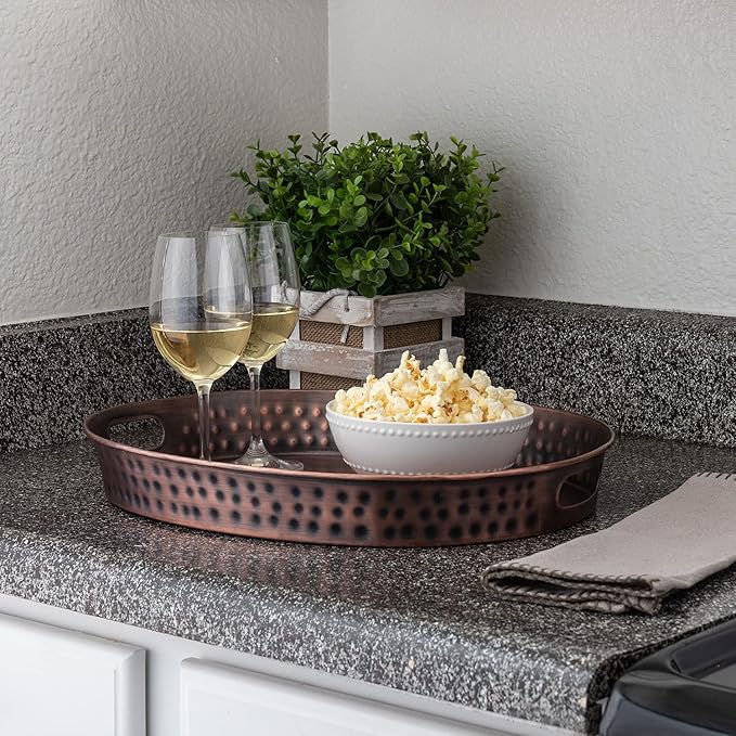 Monarch Abode Hand Hammered Metal Serving Tray with Handles, 17-Inch Antique Copper Finish– Oval Serving Platter, Large Serving Tray for Party, Fruit Platter, Dessert Trays, Serving Dishes