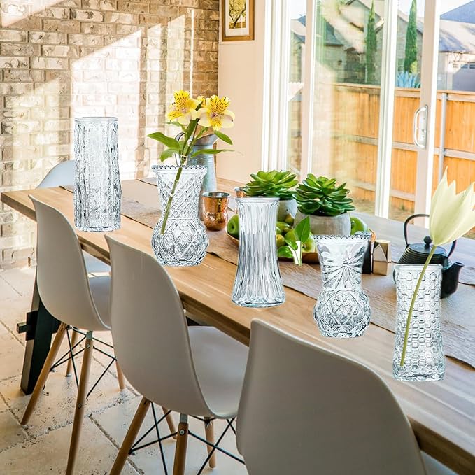 Glass Bud Vase Set of 5: Eylkoi Clear Vases for Centerpieces Decorative, Vintage Embossed in Bulk Crystal Textured Cute, Wedding Decor Mini Flower Floral Vase for Rustic Wedding, Home Table, Party