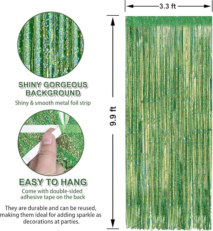 Crosize 3 Pack 3.3 x 9.9 ft Laser Green Foil Fringe Curtains Party Decorations, Laser Green Tinsel Curtain Backdrop for Parties, Door Streamers, Glitter Streamer Backdrop for Birthday Decoration