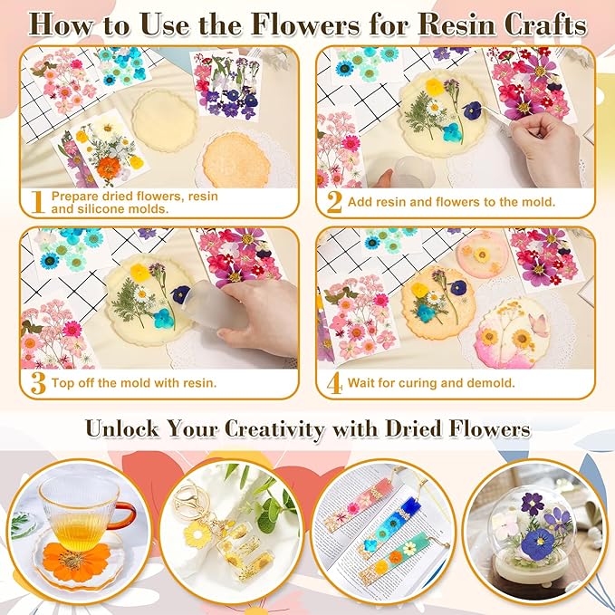 120 PCS Real Pressed Flowers, Natural Dried Pressed Flowers for Resin, Dried Florals Dry Flowers Leaves Kit with Tweezers for Scrapbooking DIY Art Crafts, Mother’s Day Birthday Gift