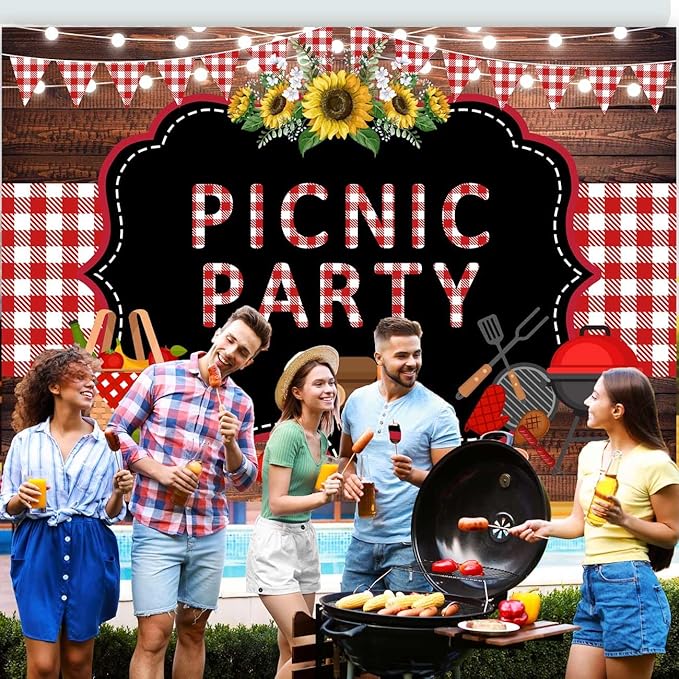 Sensfun Picnic Party Backdrop Wooden Gingham Red White BBQ Birthday Baby Shower Photography Background Sunflower Summer Outdoor Barbecue Party Decorations Banner Photo Booth Props 10x7ft